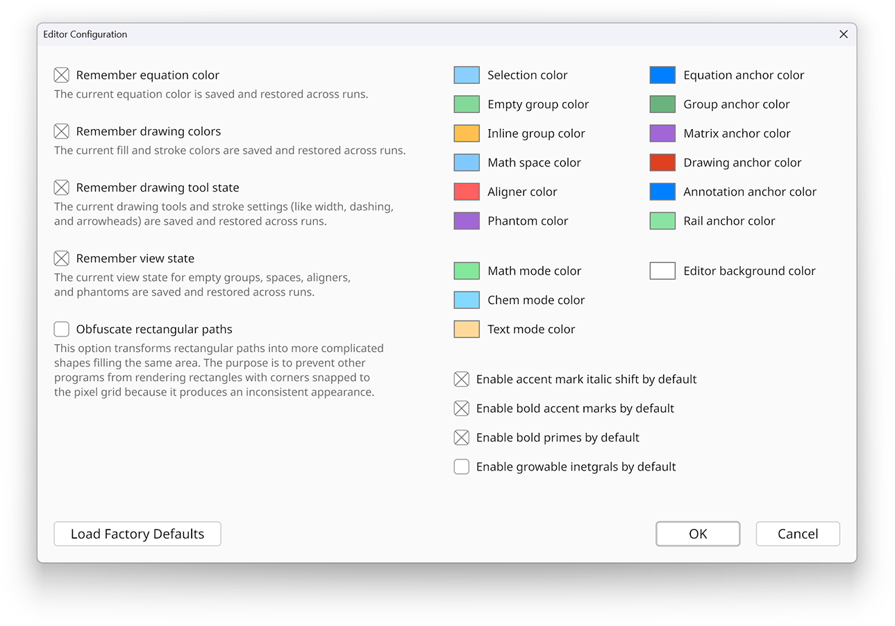 Configuration dialog in the Radical Pie equation editor