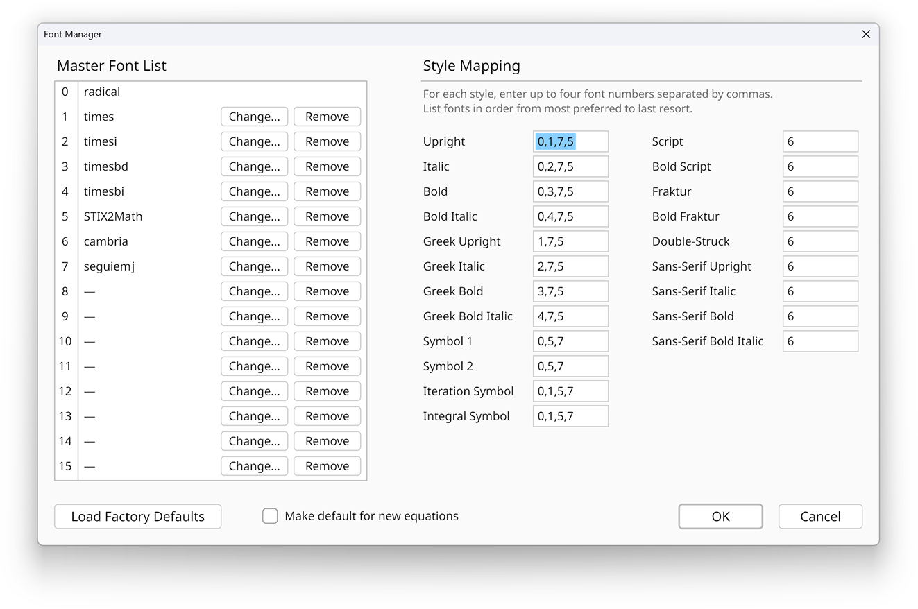 Font manager in the Radical Pie equation editor