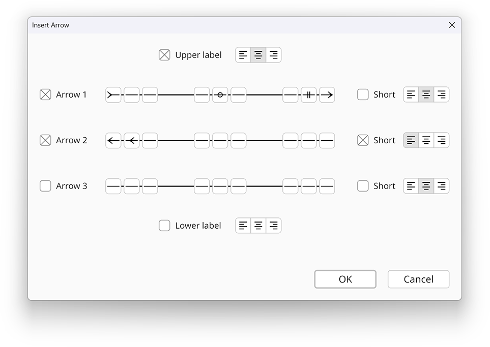 Insert arrow dialog in the Radical Pie equation editor