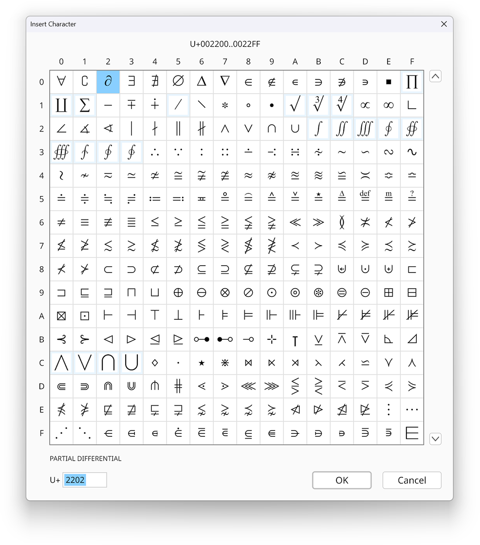 Insert character dialog in the Radical Pie equation editor