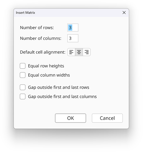 Insert matrix dialog in the Radical Pie equation editor