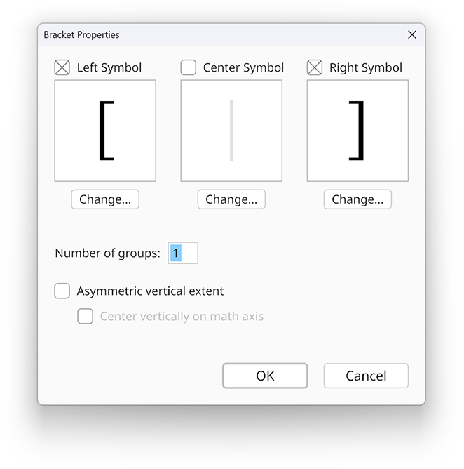Bracket properties dialog in the Radical Pie equation editor