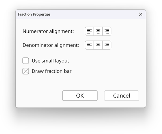Fraction properties dialog in the Radical Pie equation editor