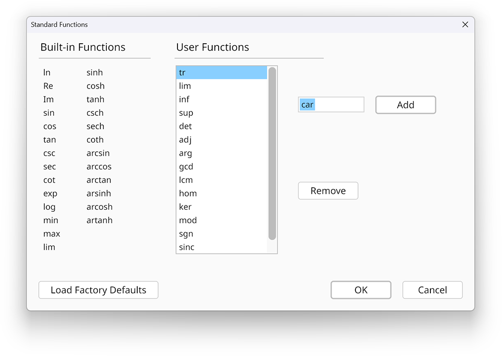 Standard functions dialog in the Radical Pie equation editor